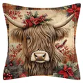 Weihnachtlicher Highland Cow Kissenbezug aus Leinen mit Blumenkrone für die Deko - Hochlandrind Variante 14 (YM250618--14)