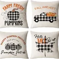 Set of 4 autumn linen throw pillow covers with buffalo plaid pumpkin designs - Halloween-9 / Set of 4