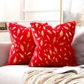 Luxury red plush throw pillow cover featuring elegant gold foil feather print for sofa decor - 43*43cm (Without Pillow Core) / Red