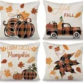 Set of 4 fall harvest pillowcases with buffalo plaid pumpkin and truck designs - Halloween-11 / Set of 4