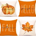 Set of four autumn-themed linen pillowcases featuring pumpkin and maple leaf designs - Halloween-12 / Set of 4