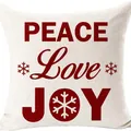Weihnachts-Kissenbezug aus Leinen mit rotem Peace Love Joy-Aufdruck für Sofas - Beige Rot Buchstabe Schneeflocke