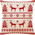 Weihnachts-Kissenbezug mit rotem Rentier- und Baummuster auf Leinenstoff für Sofa - Beige Geometrisch Rot Rentier Weihnachtsbaum