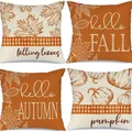 Set of 4 decorative autumn linen throw pillow covers with pumpkin and maple leaf - Halloween-14 / Set of 4