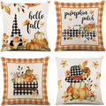 Set of four autumn themed linen pillowcases featuring pumpkin truck and gnome designs - Halloween-15 / Set of 4