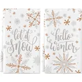 Pair of white Christmas kitchen towels featuring gold snowflake prints and winter greetings - 2 Pcs/Set / Snowflake Print