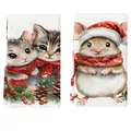 Weihnachtliche Küchentücher mit süßen Aquarell-Katzen- und Mausmotiven in Rot-Weiß. - 2er-Pack (40x60cm) / Kätzchen Und Maus Stil (MB251015-15)