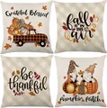 Set of 4 autumn fall theme linen throw pillow covers featuring pumpkins and gnomes - Halloween-16 / Set of 4