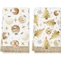 Two-piece Christmas dish towels with gold tree and ornament prints on white fabric - 2 Pcs/Set / Christmas Tree Print