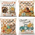 Set of 4 linen Thanksgiving fall cushion covers with pumpkin and truck design - Halloween-17 / Set of 4