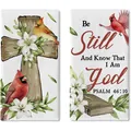Christian kitchen towels with Cardinal birds, lilies, and Psalm 46:10 scripture print - 2 Pcs/Set / Cross And Cardinal Print