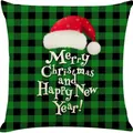 Grün-schwarzer Weihnachtskissenbezug mit Weihnachtsmütze und festlichem Grußmotiv - 45x45cm / Grün-Schwarz Kariert (28)