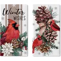 Festive Christmas kitchen towels with red cardinal bird and pine cone prints on white - 2 Pcs/Set / Winter Cardinal Print