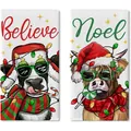 Festive Christmas cow kitchen towels set featuring Believe and Noel holiday prints - 2 Pcs/Set / Christmas Cow Print