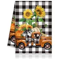 Herbst-Geschirrtuch mit Büffelkaro, Kürbissen und Sonnenblumen - Karierter Hintergrund Truck Stil (MB250620-8)