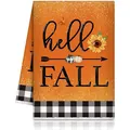 Orangefarbenes Herbst-Mikrofaser-Geschirrtuch mit Hello Fall Kürbisdruck und Karo-Bordüre - Hello Fall Orange Stil (MB250620-9)