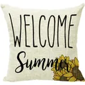 Λινό κάλυμμα μαξιλαριού με κείμενο WELCOME Summer και γραφικό κίτρινου ηλιοτρόπιου - 45x45cm / Στυλ Welcome Summer Ηλιοτρόπιο (MF2331-3)