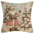 Housse de coussin en lin avec imprimé Père Noël vintage et sapin de Noël décoré - Père Noël en Robe Rouge Rétro (YM2508111-14) / 45x45cm (Sans Insert)