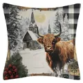 Housse de coussin de Noël rustique avec vache Highland, église et motif écossais - Paysage d'Hiver Rural (YM2508111-15) / 45x45cm (Sans Insert)