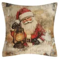 Housse de coussin de Noël en lin avec imprimé Père Noël vintage tenant une lanterne - Père Noël à la Lampe à Huile (YM2508111-16) / 45x45cm (Sans Insert)