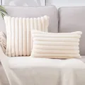 Luxuriöse cremeweiße gestreifte Kissenbezüge aus Kaninchenfellimitat für das Sofa - 45x45cm (Einseitig, ohne Kissenfüllung) / Beige
