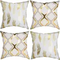 Lot de 4 housses de coussin à dorure or avec motifs plumes et géométriques pour canapé - Combinaison Géométrique Plume Blanc et Or