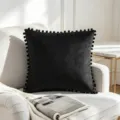 Luxurious black velvet throw pillow cover with elegant decorative pom-pom fringe edge - 45x45cm / Black