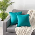 Pair of teal velvet throw pillow covers with decorative pom-pom trim for sofa decor - 40x40cm (One Piece Without Core) / Teal