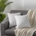 Premium white velvet square cushion covers featuring elegant pom-pom trim edges - 40x40cm (One Piece Without Core) / White