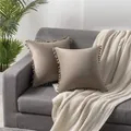 Premium taupe velvet throw pillow covers with decorative pom-pom fringe, set of 2 pieces - 45x45cm / Taupe