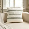 Bohemian style cream cushion cover with sage green embroidered bands for sofa decor - 45x45cm / Light Green