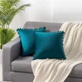 Pair of elegant teal blue velvet cushion covers with decorative pom-pom trim for sofa - 40x40cm (1 Piece Without Insert) / Cyan Blue (No. 38 Pom-Pom)