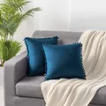 Dark teal blue velvet throw pillow covers with pom pom trim for sofa couch decoration - 40x40cm (1 Piece Without Insert) / Dark Blue (No. 38 Pom-Pom)