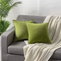 Lime green velvet throw pillow covers with decorative pom-pom fringe trim on a grey sofa - 45x45cm (One Piece Without Core) / Turquoise