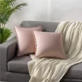 Elegant pair of soft pink velvet decorative pillow covers with pom-pom trim on sofa - 45x45cm (One Piece Without Core) / Light Pink