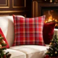 Red plaid Christmas pillow cover on a white sofa with cozy fireplace backdrop - 45x45cm / Retro Red Blue Plaid (No.3)