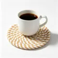 Handmade woven cotton rope coaster featuring a yellow and white spiral pattern design - 11cm Diameter (1 Piece/Pack) / Khaki and White