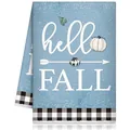 Blaues Herbst-Geschirrtuch aus Mikrofaser mit Hello Fall-Aufdruck und Kürbismotiv - Himmelblau Basis Büffelkaromuster Rand Stil (MB250620-20)