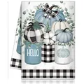Herbst-Mikrofaser-Geschirrtuch im Landhausstil mit blauen und karierten Kürbissen - Hello Pumpkin Bauernhaus Mehrfarbige Kürbisse Stil (MB250620-23)