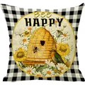 Λινή θήκη μαξιλαριού με σχέδιο Bee Happy, μέλισσες και καρό ασπρόμαυρο περίγραμμα - 45x45cm / Στυλ Bee Happy Στεφάνι Πουλί (MF2335-4)