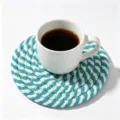 Elegant handwoven teal and white cotton rope coaster shown with a white coffee cup - Diameter 11cm / Teal and White Mixed (39)