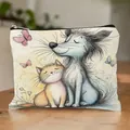 Elegant linen cosmetic pouch featuring a charming cat and dog illustration design - Cartoon Cat & Dog Print Style 20 (HZB251112--20)