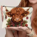 Festive Christmas Highland Cow print linen makeup bag with zipper for women's storage - Highland Cow Style 2 (HZB250918-2)