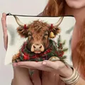 Festive Highland cow Christmas design makeup pouch in durable linen fabric with zipper - Highland Cow Style 3 (HZB250918-3)