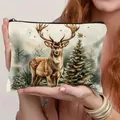 Kosmetiktasche aus Leinen mit einem Vintage Weihnachts Elch und Baum Kunstdruck - Elch-Druck Stil 2 (HZB250920-2)