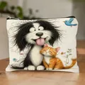 Linen cosmetic bag featuring cute cartoon dog and cat print with a black zipper closure - Cartoon Cat & Dog Print Style 1 (HZB251112--1)