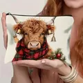 Linen cosmetic pouch featuring a festive Christmas Highland cow with a plaid scarf - Highland Cow Style 4 (HZB250918-4)