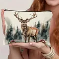 Weihnachtliche Kosmetiktasche aus Leinen mit Rentier-Print, elegante Damen-Clutch für Geschenke - Elch-Druck Stil 3 (HZB250920-3)