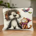 Double-sided linen cosmetic bag with cute hand-drawn cartoon dog and cat print - Cartoon Cat & Dog Print Style 2 (HZB251112--2)
