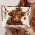 Highland cow Christmas makeup bag featuring festive wreath and linen zipper closure - Highland Cow Style 5 (HZB250918-5)